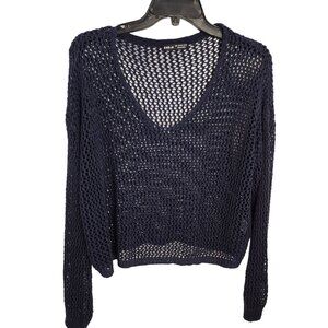 Shein Womens V-Neck Crochet Knit Sweater Top Long Sleeve Navy Blue Size Small